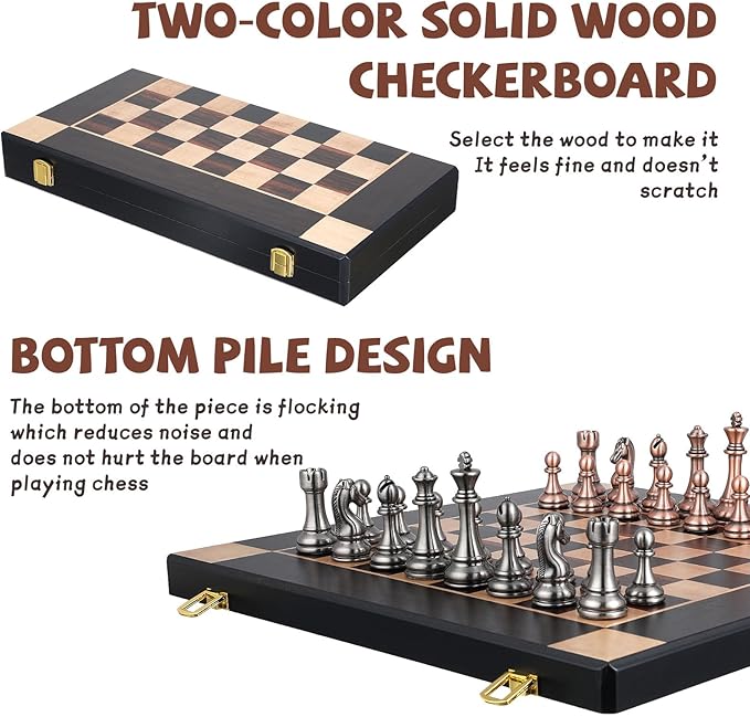 15-Inch Large Metal Chess Set for Adults and Kids with Metal Chess Pieces – Foldable Wooden Board with Storage Portable Classic Game Set for Travel &amp Home Elegant Gift for Chess Enthusiasts