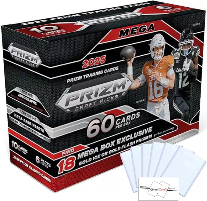 2025 Prizm Draft Picks College Football CFB Mega Box with 60 Trading Cards + 6 Toploaders and StreetCards Magnet!
