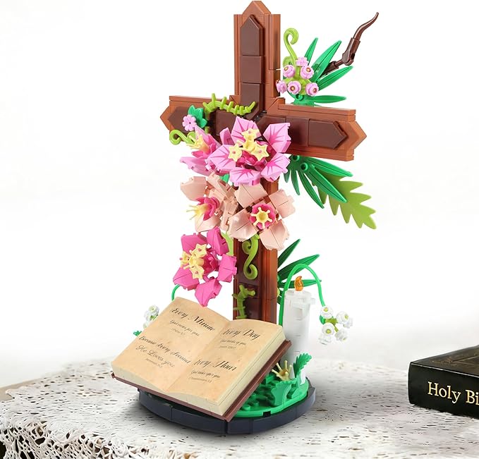 Jesus Cross Flower Building Set for Adults Decorative Cross Building Blocks Great Easter Christmas Christian Birthday Gifts for Mothers Women Adults (363 PCS)