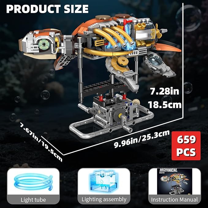 Mechanical Turtle Building Set with Lights Rotatable Link Components &amp Display Stand STEM Building Set for Boys and Girls 8-14 Home Office Decor for Adults Mechanical Enthusiasts（659PCS）