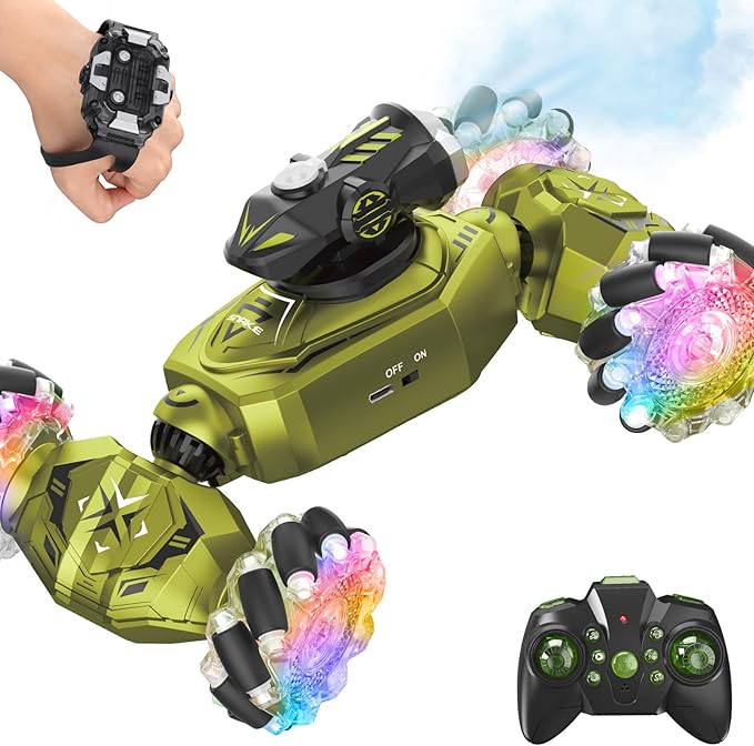 Gesture Sensing Remote Control Car RC Cars Toys for Boys Age 6-12 4WD Hand Controlled Twist &amp Transform 360° Spins Stunt Car with Mist Light &amp Music 8-10 Year Old Boys Birthday Gift Green