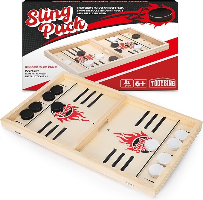 Large Fast Classic Slingshot Puck Game Wooden Hockey Board Games for Family Night Table Game for Adults and Kids 2 Player Games for Ages 6 and Up Test Speed and Accuracy Air Hockey
