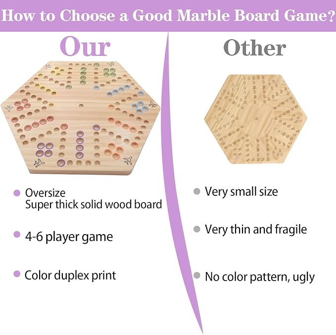 HOROW Wahoo Board Game Wooden Original Board Game Classic 2 Side Painted Fast Track Game for 4 Player and 6 Player with 30 Marbles6 Dices for Family Game Night(6largeLog)