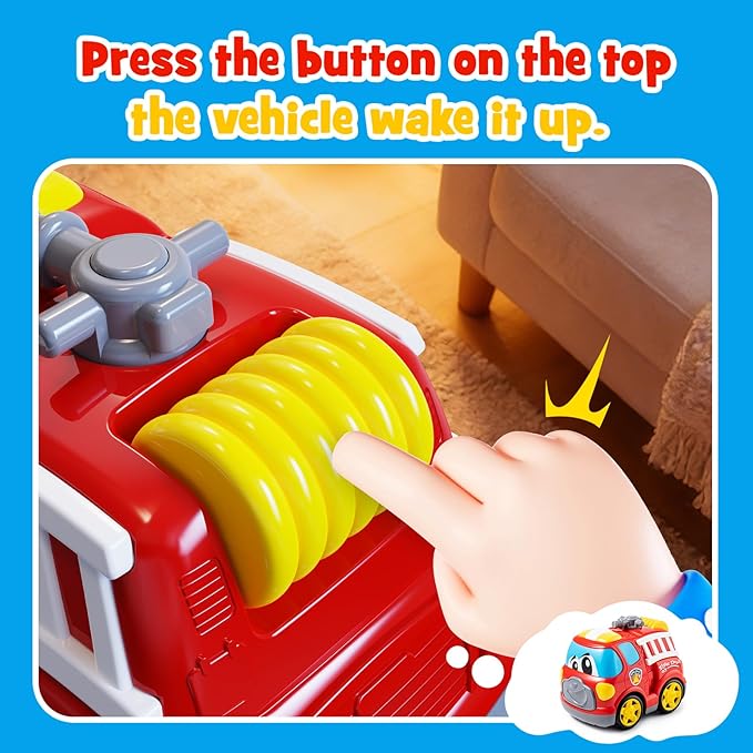 Remote Control Car 2.4G Cartoon Emergency Vehicle RC Fire Truck Engine Toys with Lights &amp Music Birthday Gifts for Toddlers Kids Boys &amp Girls 1-5 Years Old (Red)