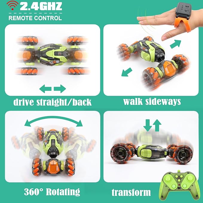 Gesture Sensing RC Stunt Car - Remote &amp Hand-Controlled Drift Toy for Kids Ages 5-7 6-8 9 10 11 12 Year Old 4WD Double-Sided Driving with Lights &amp Music
