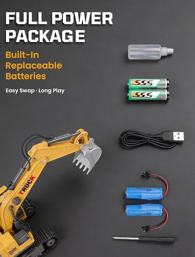 RC Excavator Toy with 4*Battery Set for Boys 11-Channel Remote Control Excavator Alloy Bucket Metal Construction Vehicle with LED Lights Sound and Water Spray Exhaust for Kids