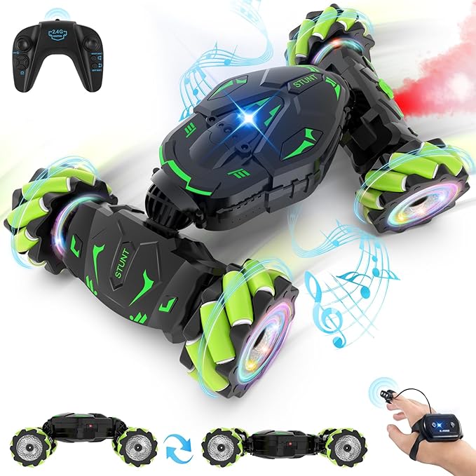 Pristar Gesture RC Toys for Boys 6-12 RC Sensing Stunt Car with Cool Spray Lights Music Double Sided Flip 360 Rotate 4WD Off-Road