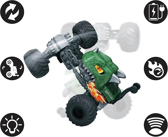 LEXiBOOK Crosslander® Dino Remote Controlled Dinosaur car up to 10km/h Crazy Stunts Pitching Integrated Gyroscope Light Effects Rechargeable RC59D