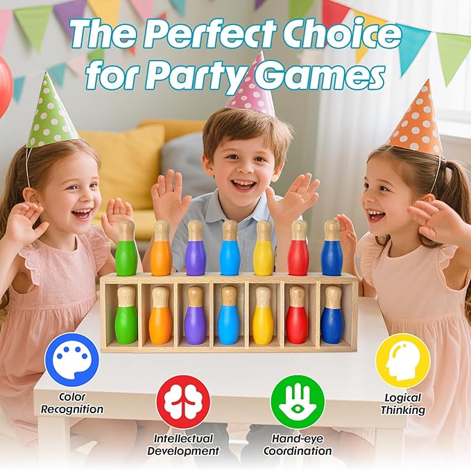 pamexin Family Games for Kids Wooden Bowling Color Matching Game with 7 Bright Pins and Storage Bag Family Board Games Party Birthday Gift Fun Party Game for Boys Girls