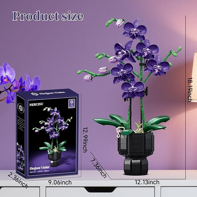 Orchid Flowers Building Sets with Vase Purple Orchid Botanicals Collection Building Toys for Home Office Decor Desk Decor Christmas Birthday Gifts for Women Adults Girls Age 8-12+ (666 PCS)