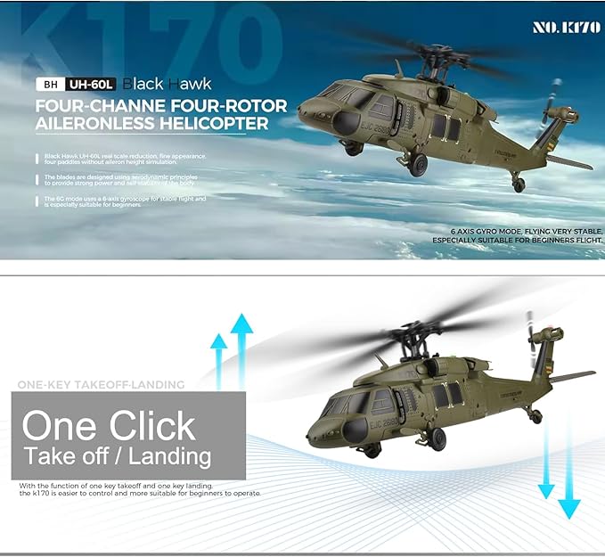 K170 UH60L Remote Controlled Helicopter Aircraft Plane 2.4Ghz 4CH RC Helicopter Heli Aileronless 6-Axis Gyroscope Altitude Hovering 3-Batteries for Adults Beginners