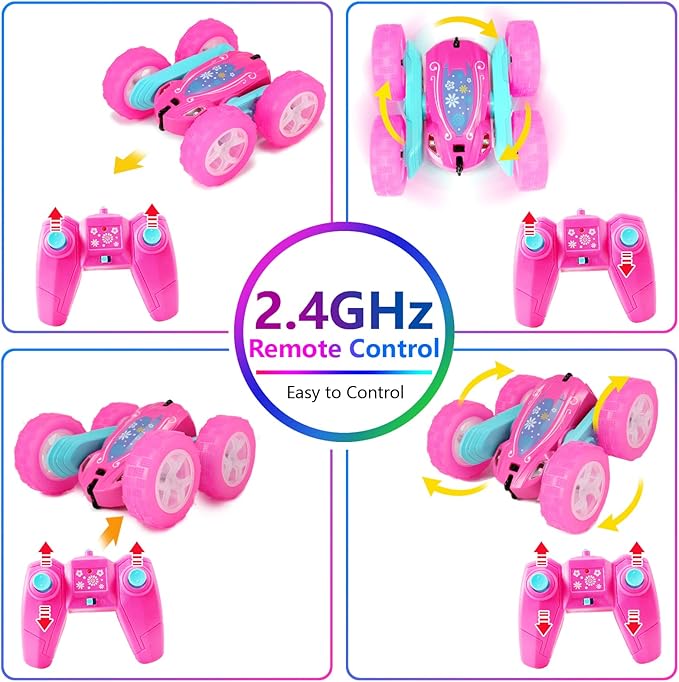 FREE TO FLY Remote Control Car for Girls : Pink RC Car Double Sided 360°Flip Stunt Cars with Headlights &amp WheelLights Rechargeable Toy Car Birthday Gifts for Girl Kids Age 6 7 8 9 10 11 12 Year Ol