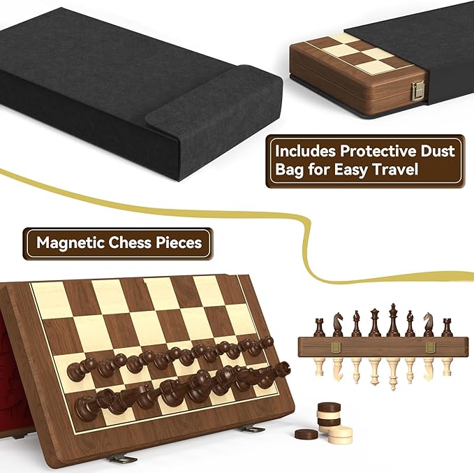 Premium Natural Walnut 15 Magnetic Wooden Folding Chess &amp Checkers Set- 2 in 1 Board Game with 3 King Staunton Pieces and 2 Extra Queens Checkers and Dust-Proof Storage Bag (Red)