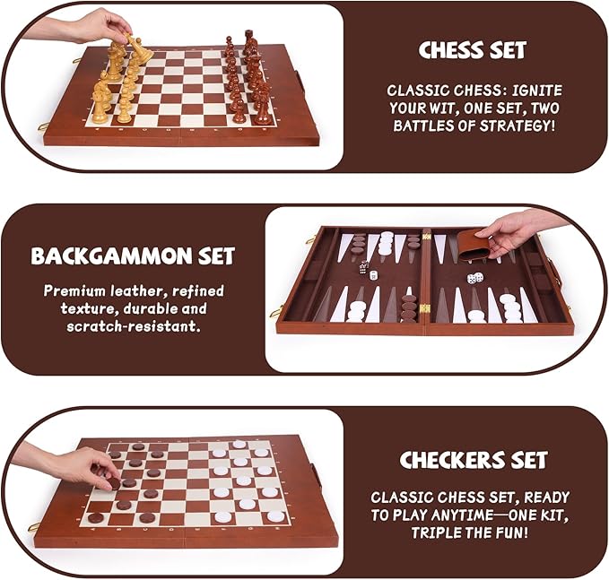 Large 3-in-1 Chess Set &amp Checkers Backgammon Set – 19 Folding Leather Chess Board with Handle Acrylic Chess Pieces &amp Checkers 4 King with 2 Extra Queens Luxury Travel Board Game Set