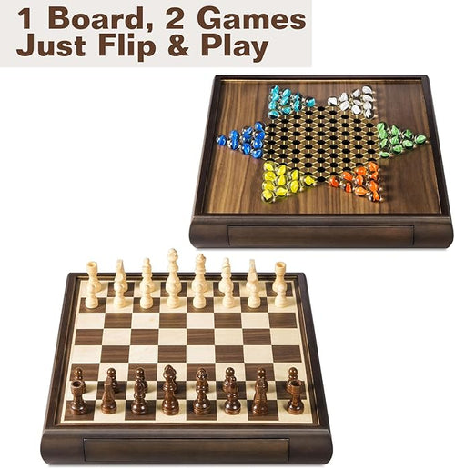 2 in 1 Magnetic Chess Set &amp Chinese Checkers 13 Wooden Board Game with Storage Drawer and 60 Glass Marbles + Bonus 12 Spare &amp 2 Extra Queensfor Kids and Adults