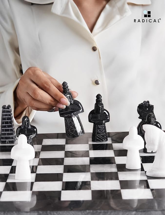Radicaln Marble Antique Chess Set with Storage Box 15 Inches Black and White Handmade Board Game 2 Player Classic Chess Sets for Adults Board &amp 32 Chess Pieces