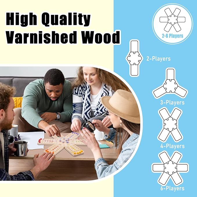 Original Marble Board Game Set Portable Wooden Tabletop Game with 30 Marbles and 7 Dice for Family Party Nights (2-6 Players)