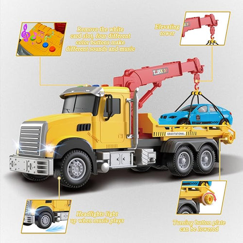 2.4GHz Remote Control Tow Truck for Kids – RC Log Truck with Racing Car 4 Channel RC Transport Crane Vehicle Toy with Lights &amp Sounds 28PCS Traffic Signs 2 Batteries – Birthday Gift for Boys Gi