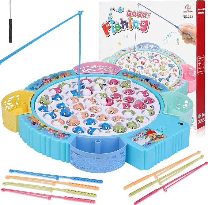 Magnetic Fishing Game Toys Rotating Board Game with Music Including 45 Fishes and 8 Fishing Poles Christmas Party Game Toys for Kids Age 3 4 5 6 7 and Up