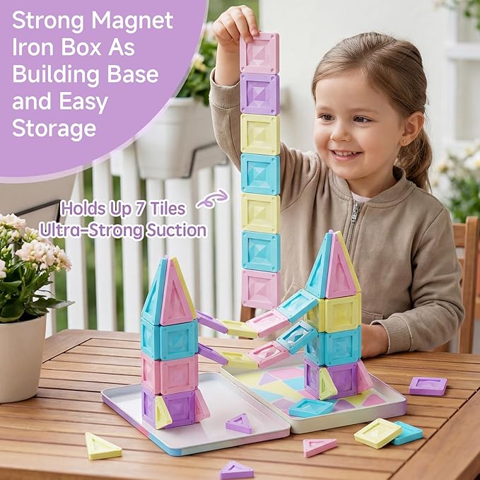 Mini Magnetic Tiles Girls Travel Set: 40 PCS Macaron Building Block with Tin Box - 90 Mins Quiet Play 45s Cleanup - Fly Trip Road Trip Toys for Kids Age 3 4 5 6
