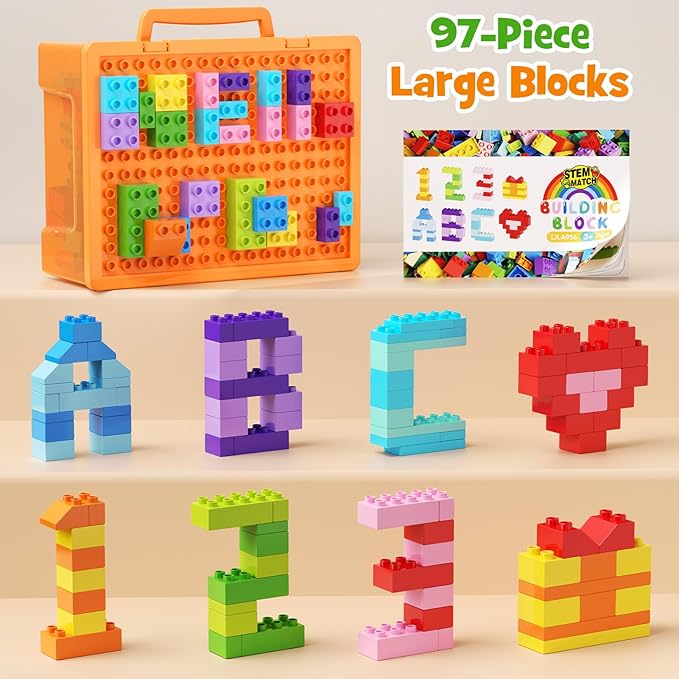 97PCS Building Blocks Set with Storage Box &amp Base Plate - STEM Educational Toys for Toddlers Kids Ages 3+ Compatible with Major Large Particle Building Block