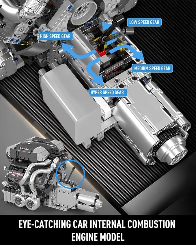 Mould King 10201 W16 Engine Model Kit MOC Bug Supercar Engine Model with Battery and Motor Collectable 16-Cylinder Car Engine Transmission Shiftable Gear Operation for Adults (2024+ PCS)