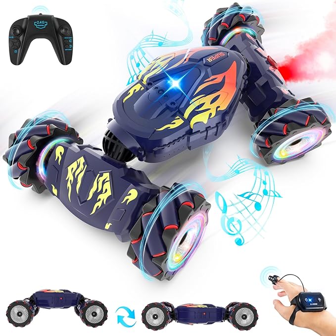 Pristar RC Cars Gesture Sensing RC Stunt Car Toys for Boys Girls 6-12 2.4Ghz 4WD Remote Stunt Car with Spray Lights Music 360° Rotate Fast Off-Road Transform Birthday Xmas Gifts for Kids Age 6-12