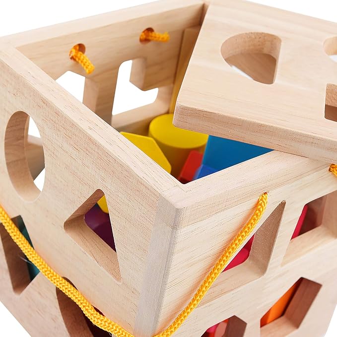 QZMTOY Shape Sorter Toys with 19 Shape Blocks Classic Wooden Toys for Toddlers Kids Gift for Girls Boys 2-4 (Natural Solid Wood)