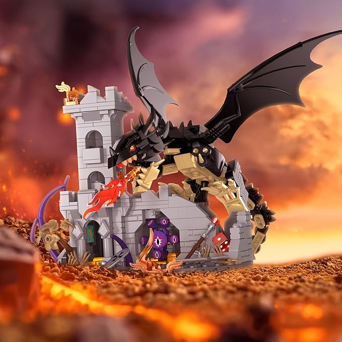Dragon Fire Castle Building Blocks Set for Adults Boys Girls - Creative Dragon Fire Castle Building Toy Halloween Decor Home Office Collect and Display Models Birthday Gifts (919 Pieces