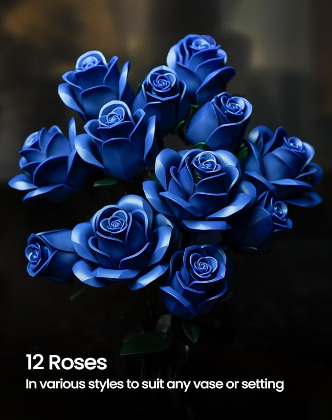 iATOM Blue Rose Bouquet Building Set 12Pcs Flowers Botanical Collection for Adults Valentine's Day Gift for Her/Girlfriend/Mom/Wife/Couple Vintage Home Office Table Centerpiece Decor Aesthetic