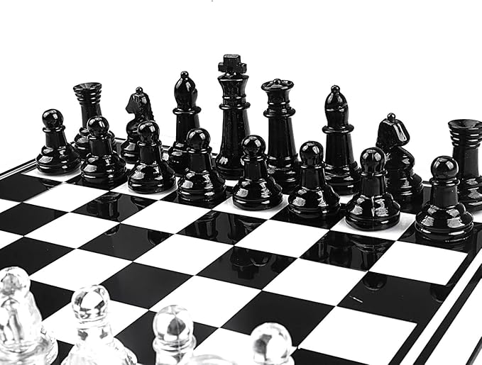 Elegant Glass Chess Set 13.8 Inch - Large Modern Chess Board Game with Black &amp Clear Pieces Felted Bottoms - Crystal Strategy Game Gift for Adults Home Decor