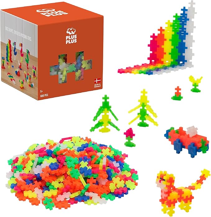PLUS PLUS 600 Piece Interlocking Building Blocks for Kids Open Ended Connecting Toys STEM Bin Classroom Mini Manipulatives Play Tube - Neon Color Mix