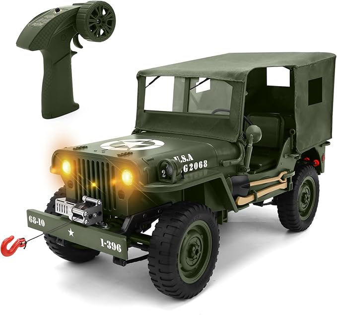 Remote Control Truck Off Road - 4x4 1/10 Scale Willys Army Rock Crawler RC Truck with Winch&ampCar Cover 40Mins Play Time All Terrain Offroad RC Car Military Vehicle Toys for Boys Radio Controlled