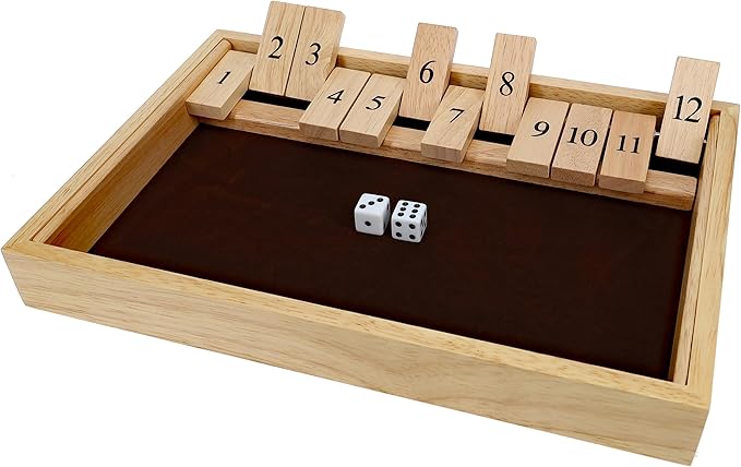 WE Games Wooden Shut The Box - Close The Box Set with 12 Number Tiles &amp 2 Dice Games - 13.5” Natural Wood Finish