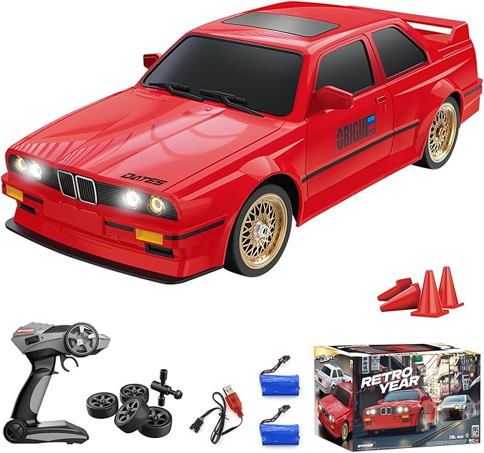 RC Drift Car for Kids Adults 1:16 Scale 2.4Ghz 4WD High Speed RTR Racing Car 30KM/H with Led Lights Remote Control Vehicle Sport Toy Gifts for Girls Boys Two Batteries and Drift Tire Included