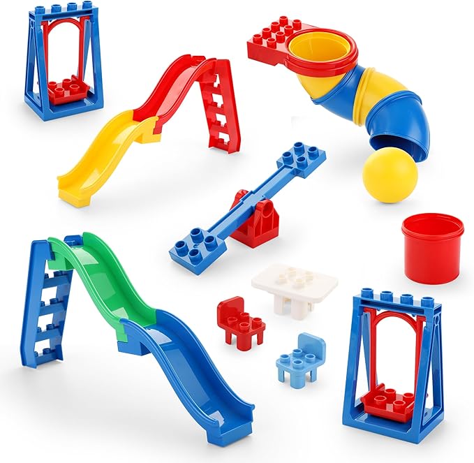 Liberty Imports 24 PCS Big Building Blocks Playground Set for Toddlers and Kids Large Size DUPLO Compatible Construction Toy Bricks with Slides Swings Seesaw and Pipes Preschool Learning Playset