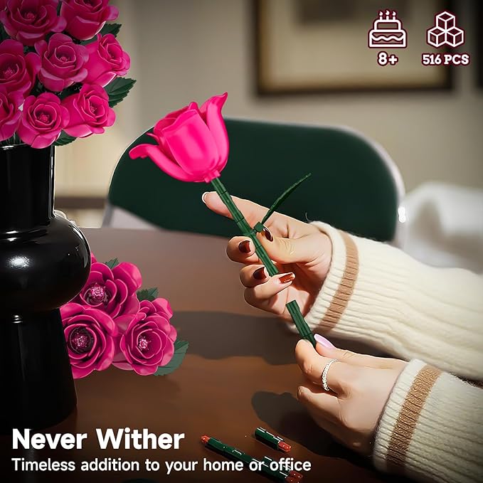 12 Everlasting Pink Roses Bouquet Building Set Gothic Home Office Table Centerpiece Flowers Decor with Heart-Shaped Gift Box Base Perfect Valentine's Day Gift for Her Mom Girlfriend or Wife