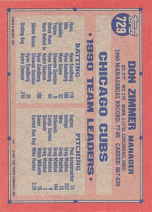 1991 Topps Baseball #729 Don Zimmer Chicago Cubs MG