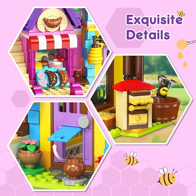 HOGOKIDS Beekeeping &amp Bakery House Building Toy with LED Light - 1084PCS Friends Girls Baking Building Set with Honey Workshop Pretend Play Birthday for Kid Girls Boys Ages 8-12+ Years