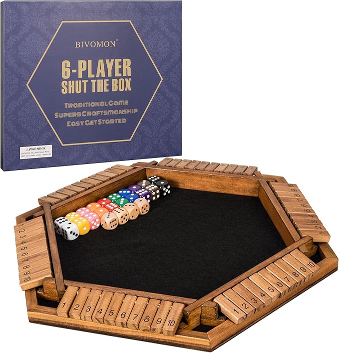 1-6 Players Shut The Box Dice Game Wooden Board Table Math Game for Kids Adult with 24 Dice Close The Box Game for Family Party Christmas Birthday