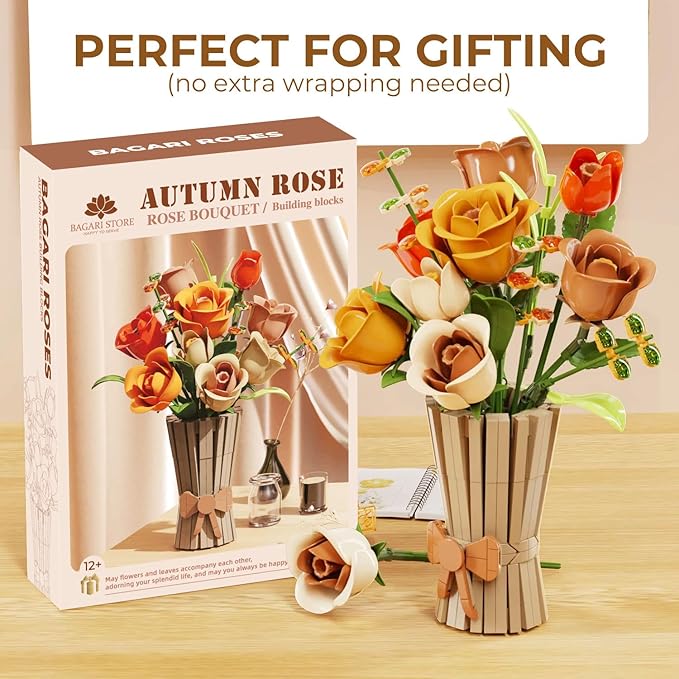 Bagari Roses Bouquet Building Set - Artificial Flowers Building Blocks with Vase Compatible with Lego Kit for Adults - Collection for Home Office Decor Gifts for Women Men Birthday Anniversary 868PCS