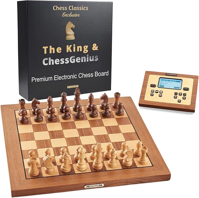 Millennium Chess Classics Exclusive - Electronic Chess Board Set - Chess Teacher &amp Trainer - Auto Sensing Light Up Squares - Smart AI Chess Board for Enhanced Gameplay - Real Wood Hand-Carved Piec