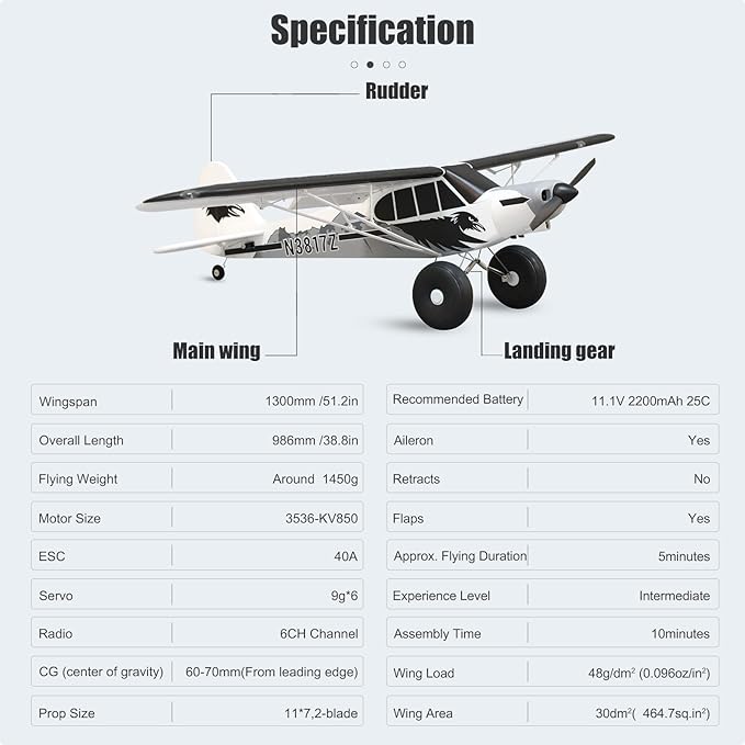 Fms Rc Planes for Adults Remote Control Airplane 1300MM (52) Piper PA-18 Super CUB with Reflex V3 6 Channel Hobby Rc Airplanes for Beginners PNP