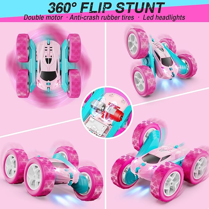 RC Cars Pink Remote Control Car for Girls 2.4 GHZ Double Sided RC Stunt Car 360° Rotating Remote Control Crawler with Headlights Car Toys for 6 7 8 9 10 11 12 Girls Birthday Gift Grandkids