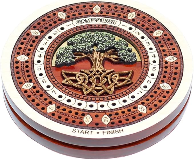 House of Cribbage - 2 Track 60 Points - Tree of Life Inlaid Wooden Travel/Pocket Size Cribbage Board - Size 4 Inch (Maple Wood/Blood Wood)
