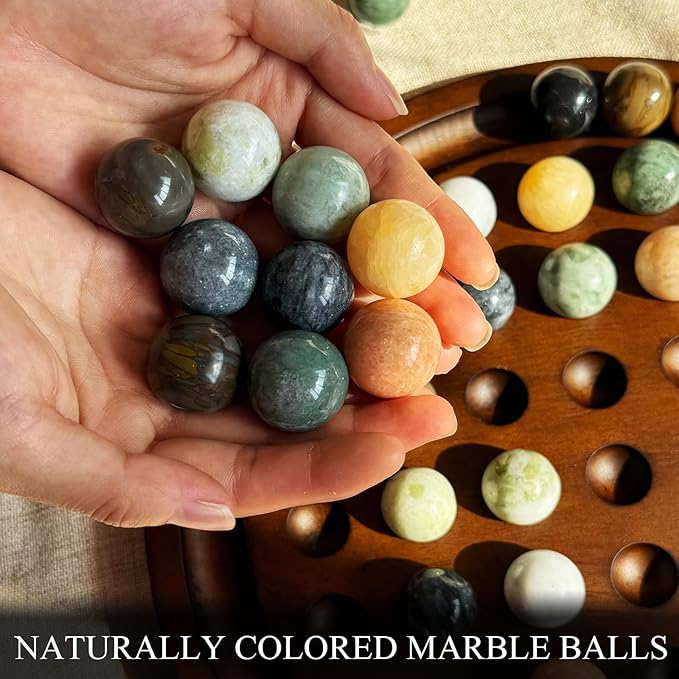 Solitaire Game12.7-Inch inches Solid Wooden Board with 33 Natural Marble Balls Deluxe Solitaire Game Set Single-Player Strategy Board Game and Smart Games