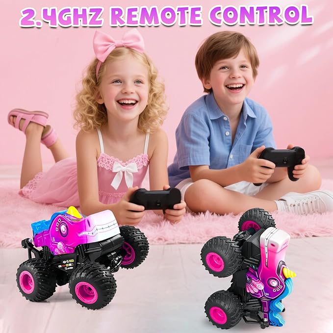 Remote Control Car 2.4Ghz Unicorn Rc Monster Truck for Girls Rchargeable Rc Truck with Lights &amp Music 360° Rotating Stunts RC Cars Toys Birthday Easter Gifts for Kids 3-5 6 7 8-12