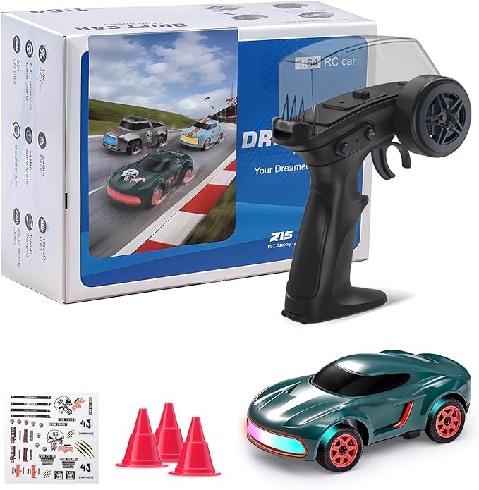Mini RC Drift Car for Adults 1/64 Desktop Drift Car with Colorful Lights Desk Remote Control Cars for Race Hobby Gifts and Toys (Matte Green Concept Model)