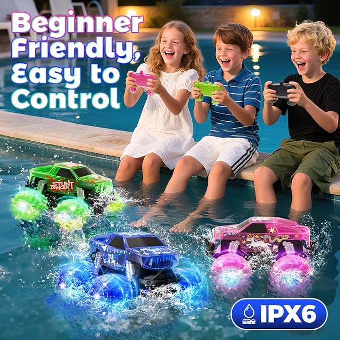 Blue Monster Truck Toy Amphibious Remote Control Car 4WD All Terrain Off-Road RC Truck with Colorful Light RC Stunt Car Toy for 6 7 8 9 10 11 12 Year Old Boy Birthday Gift