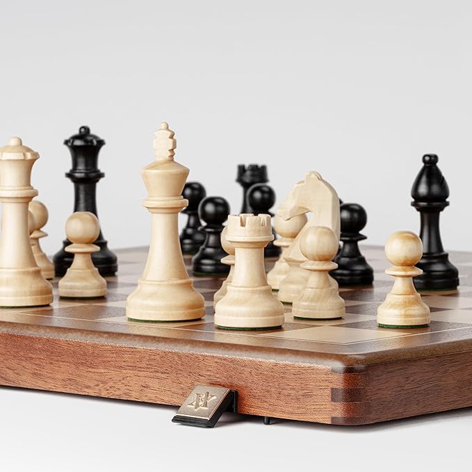 A&ampA Premium Folding Chess Set 19 Wooden Board &amp 3.75 King Height Staunton Pieces with 2 Extra Queens Portable Travel Game Set (Natural Mahogany 19 Inches)